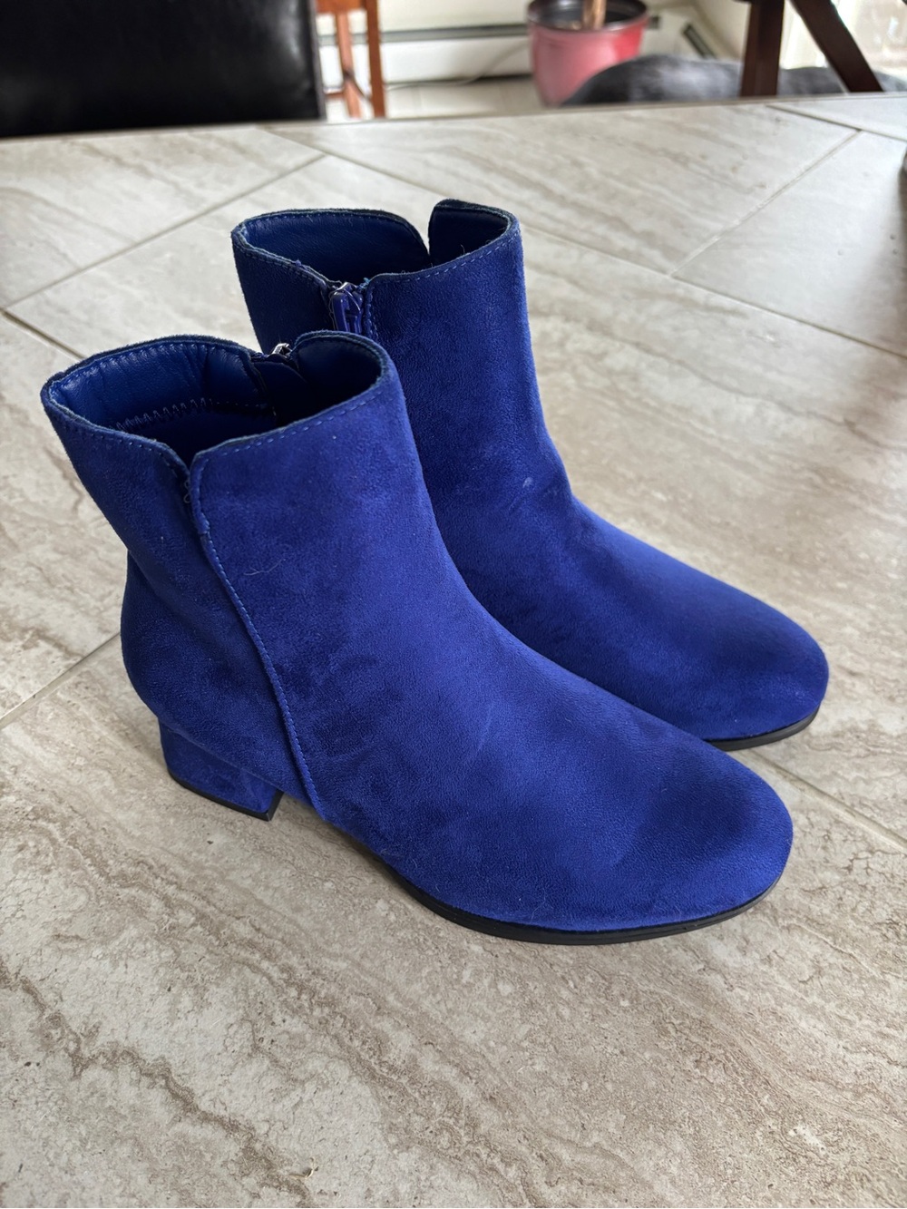 Women's Cobalt Blue Suede Ankle Booties - Side Zip Low Heel